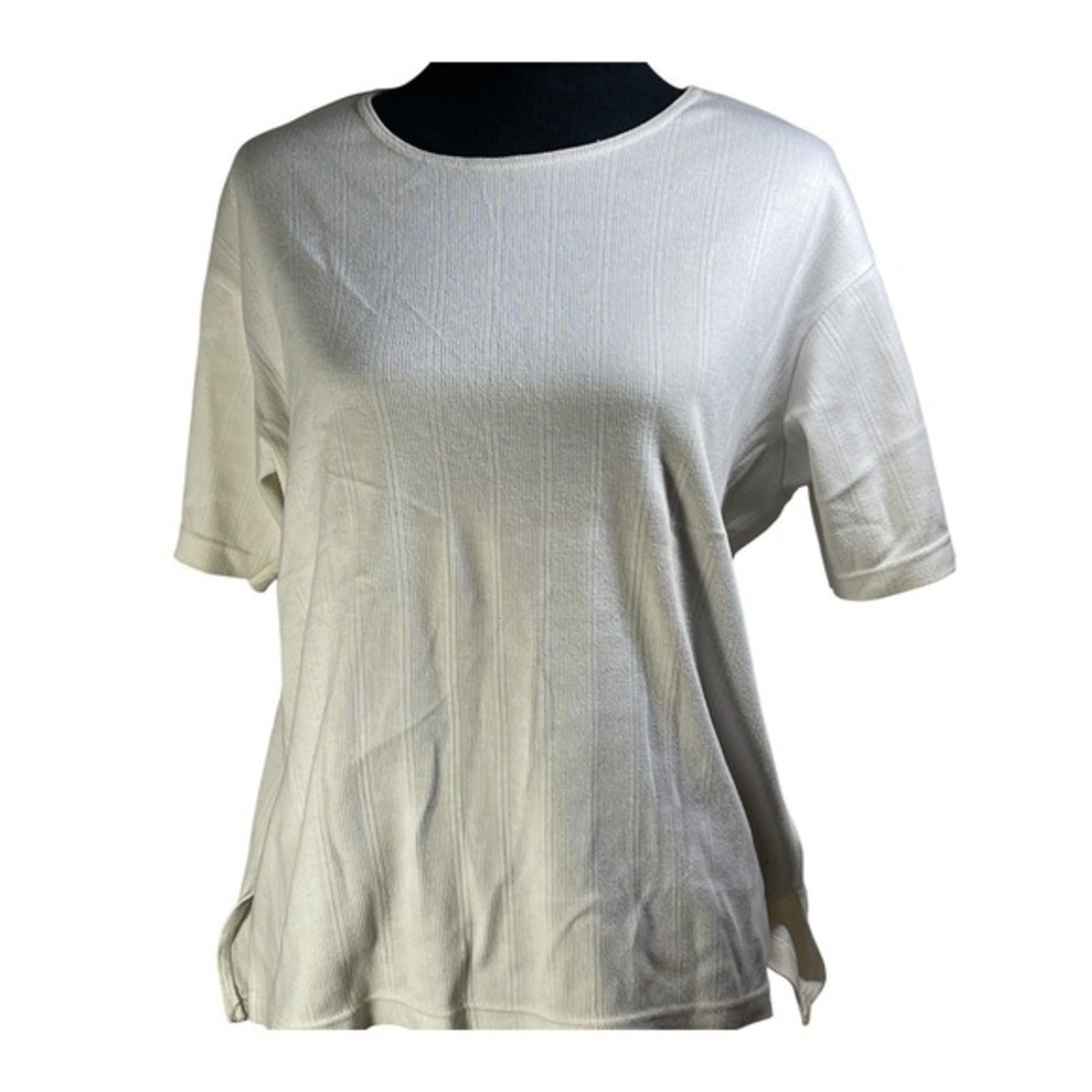 Mountain Lake 90s L Ribbed Knit Shirt‎ Top Cream Short Sleeve Side Slits vtg